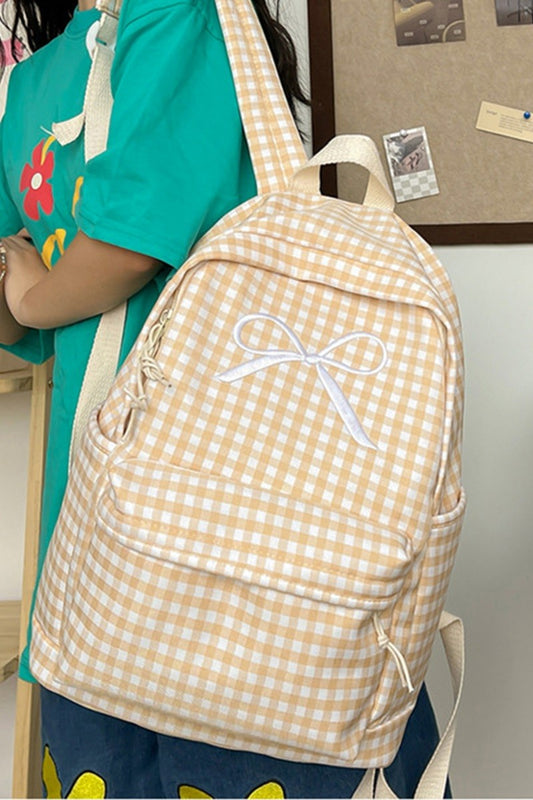 cream white checkered backpack, front