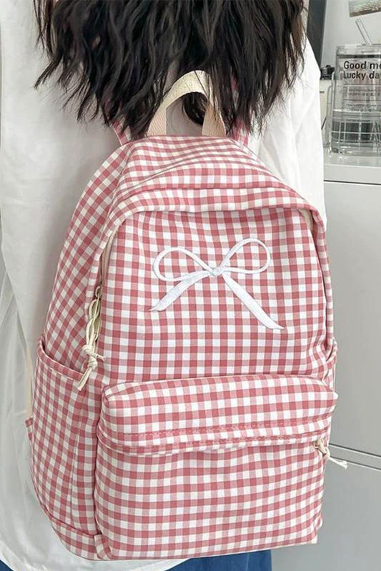 Pink and White Checkered Backpack with Embroidered Bow