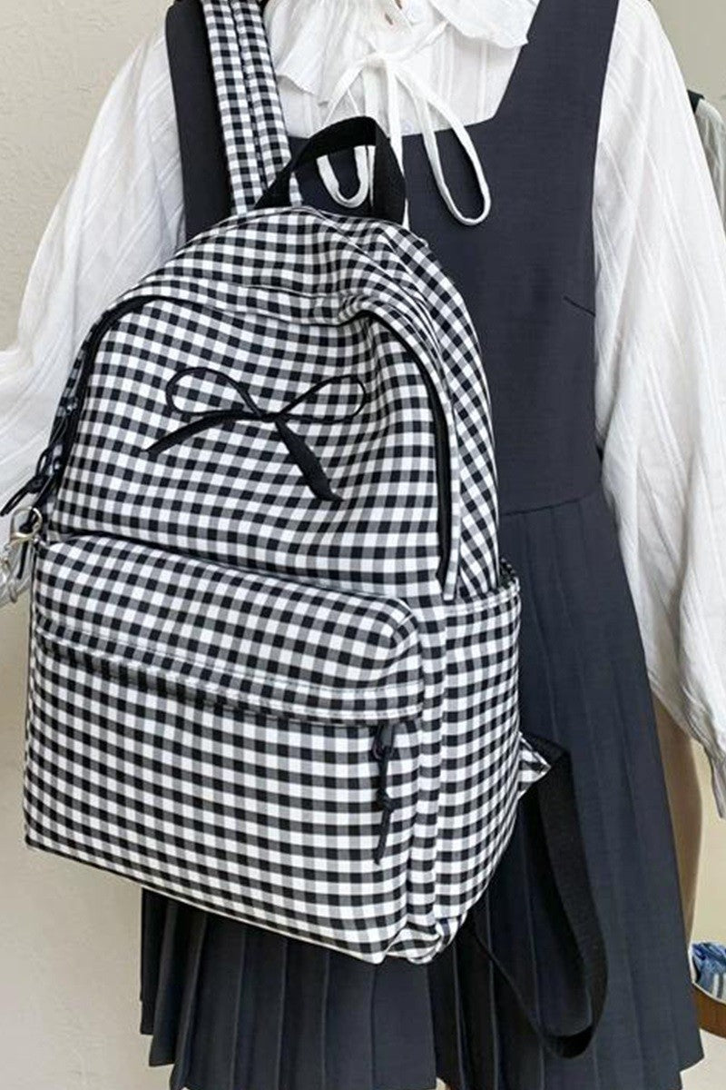 Black and White Checkered Backpack with Embroidered Bow