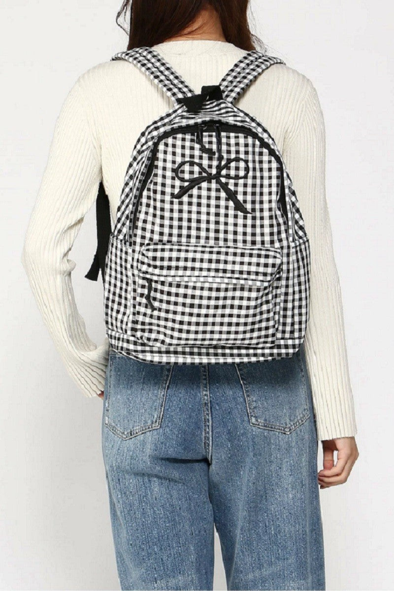 Black and White Checkered Backpack with Embroidered Bow