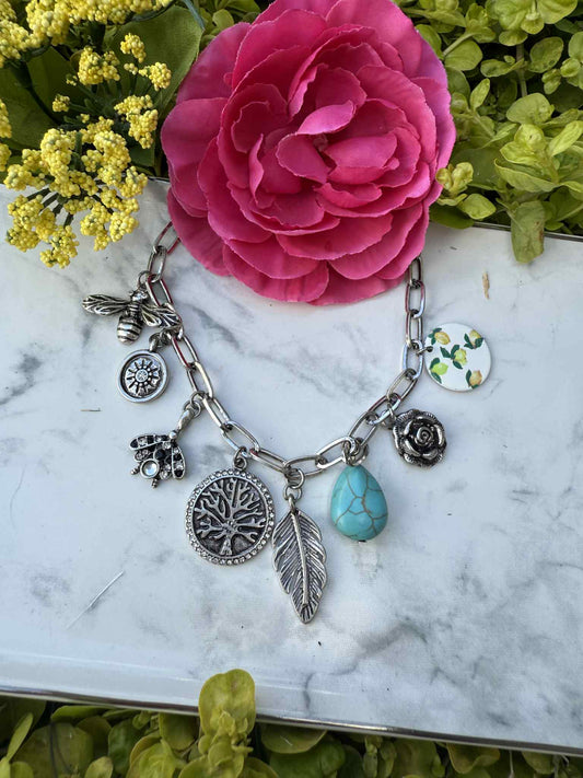 Boho Boutique Charm Necklace - Silver - Feather Tree Bee Charms