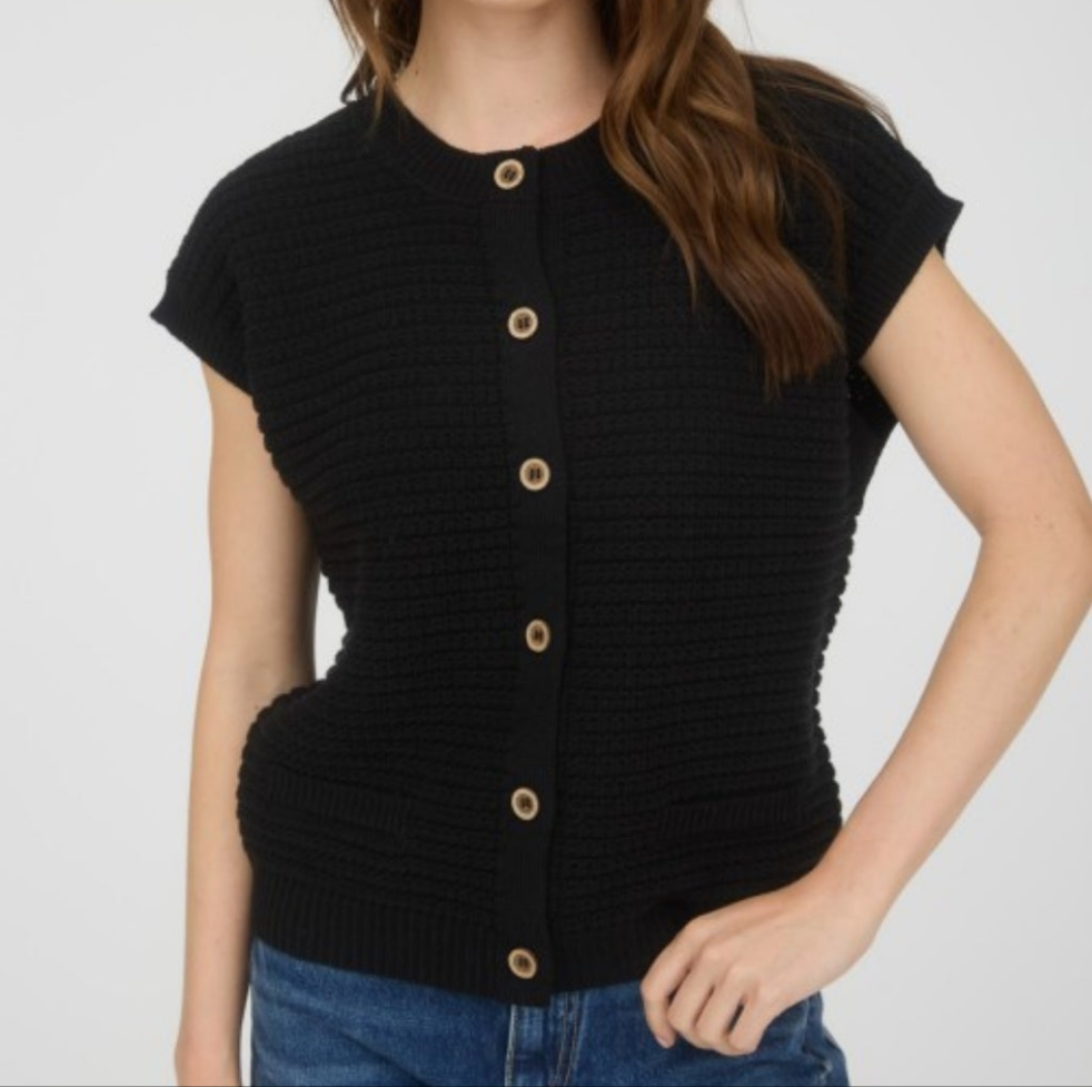 Black knitted cardigan with button details worn by a person on a plain background