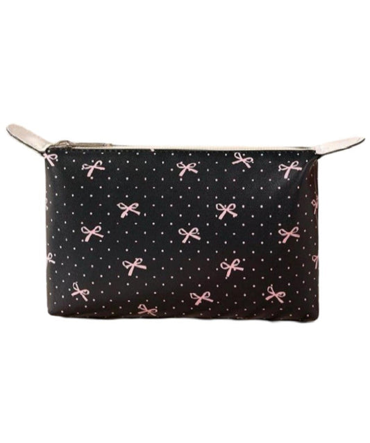 Black Vegan Cosmetic Bag With Pink Bow Print
