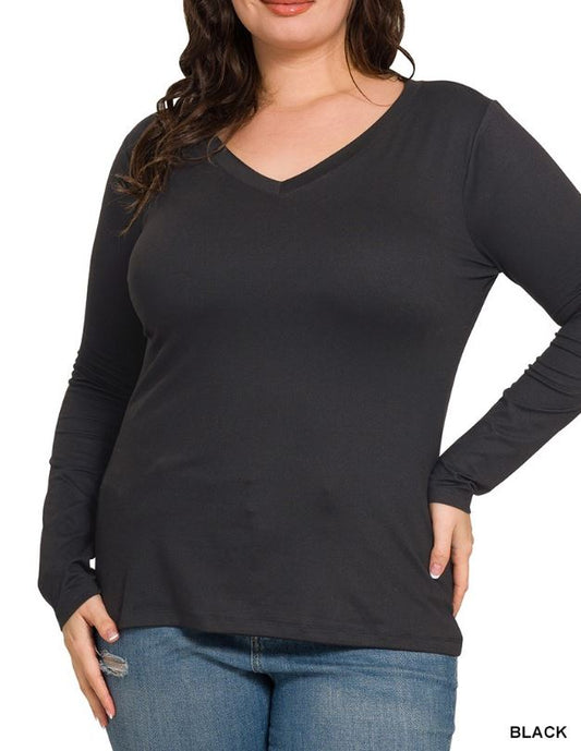 Black Microfiber V-Neck Long Sleeve Top S-3X