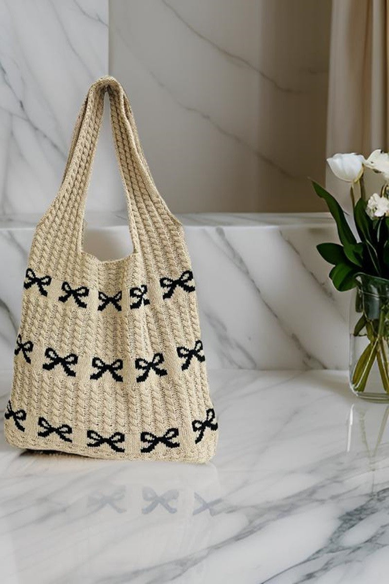 Knitted Woven Crochet Tote Bag With Black Bows