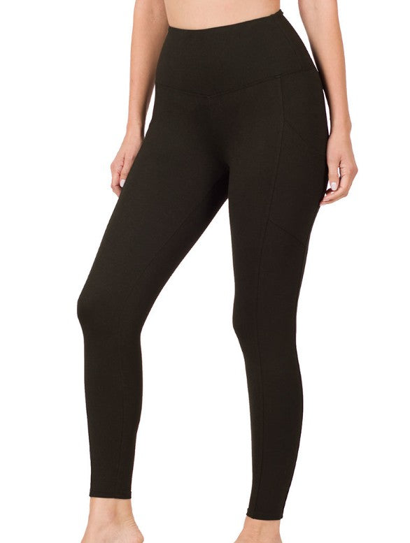 Black Brushed Microfiber Full Length Leggings with Hip Pocket
