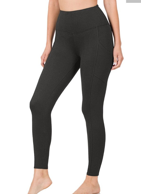 Black Brushed Microfiber Full Length Leggings with Hip Pocket
