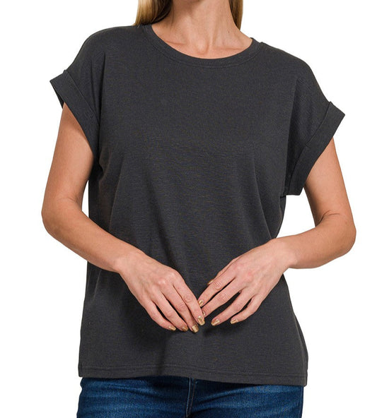 Black Modal Rolled Sleeve Top