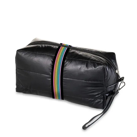 Black Puffer Cosmetic Bag Rainbow Track Straps