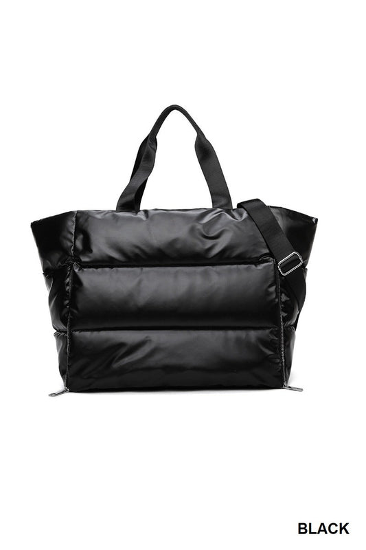 Black Metallic Puffy Quilted Waterproof Tote Bag