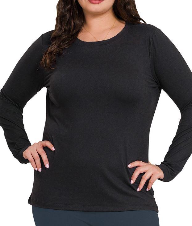 Black Microfiber Round Neck Long Sleeve Top S M L XL 2X