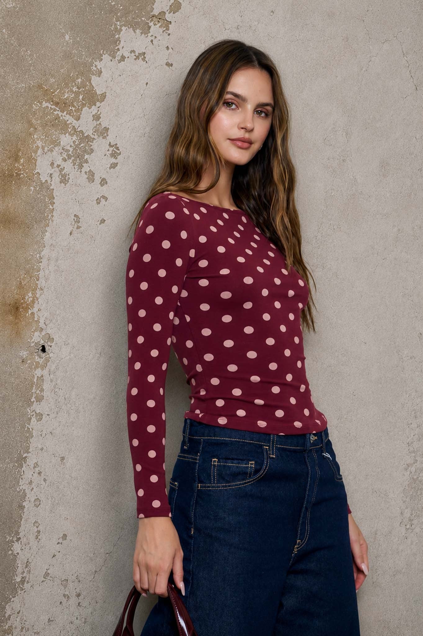 Burgundy Polka Dot Boat Neck Long Sleeve Knit Top