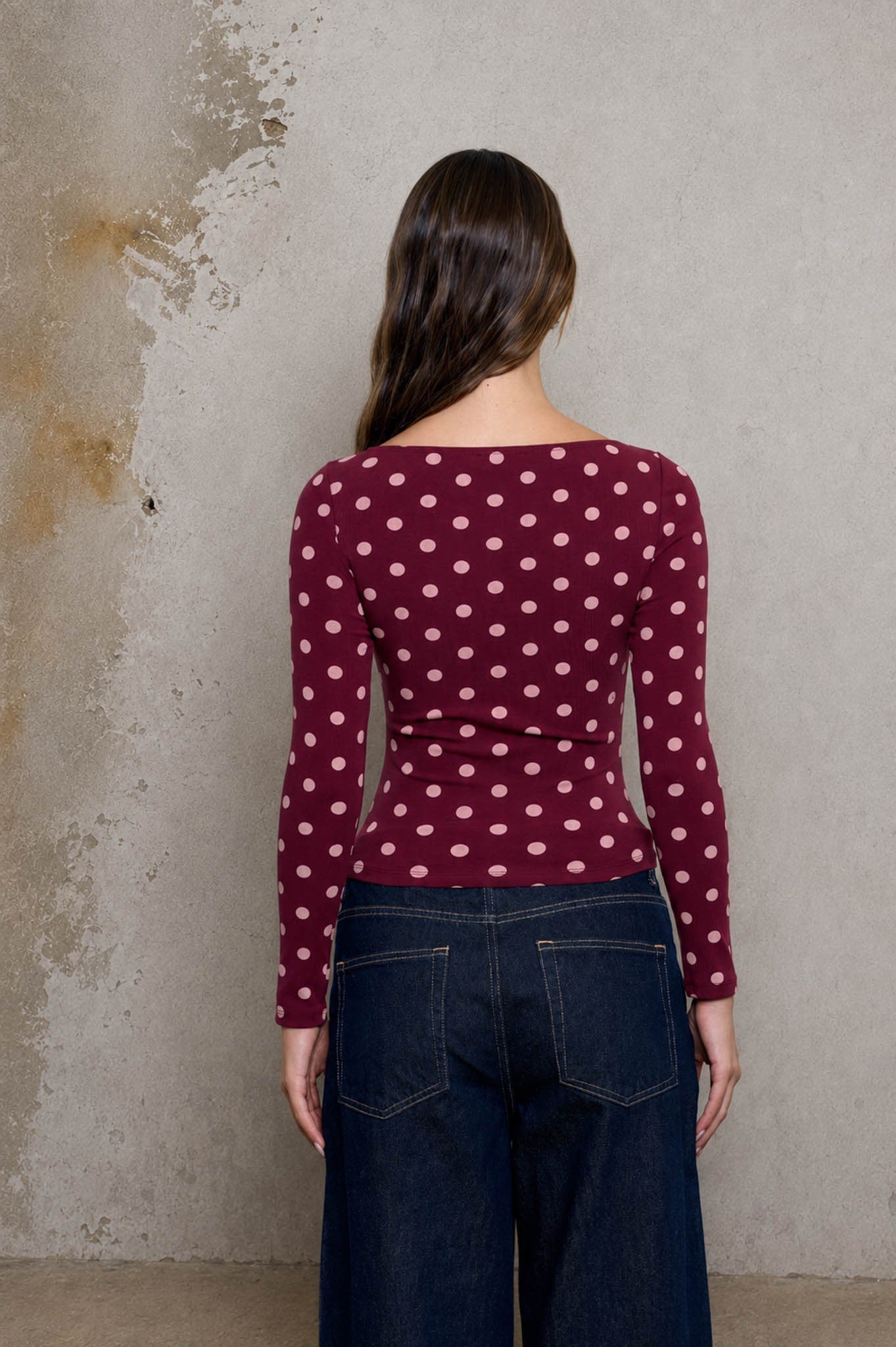 Burgundy Polka Dot Boat Neck Long Sleeve Knit Top