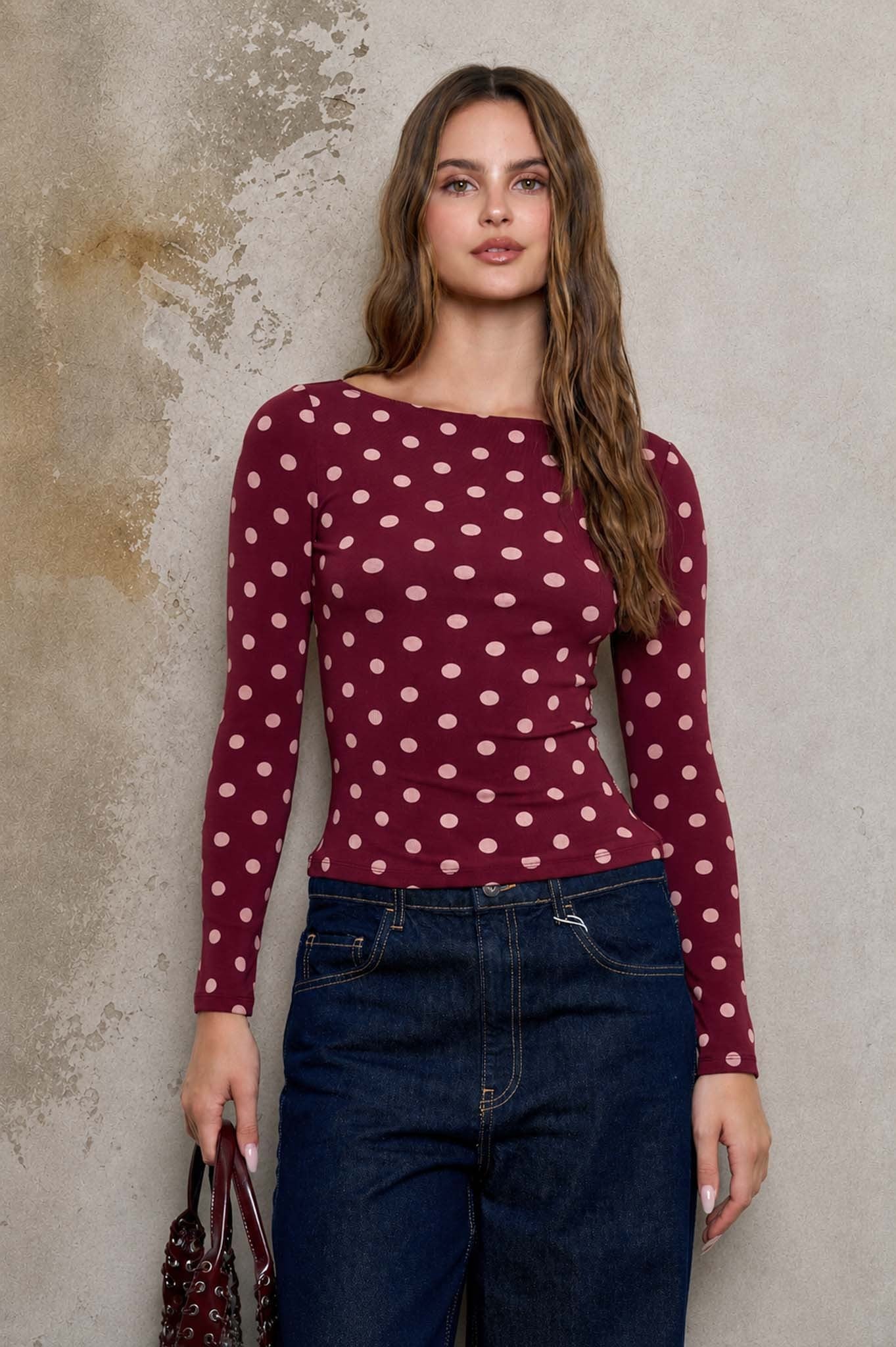 Burgundy Polka Dot Boat Neck Long Sleeve Knit Top