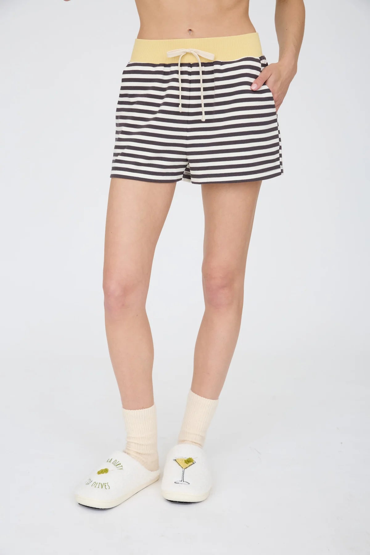 Charcoal Striped Ribbed Waist Knit Shorts