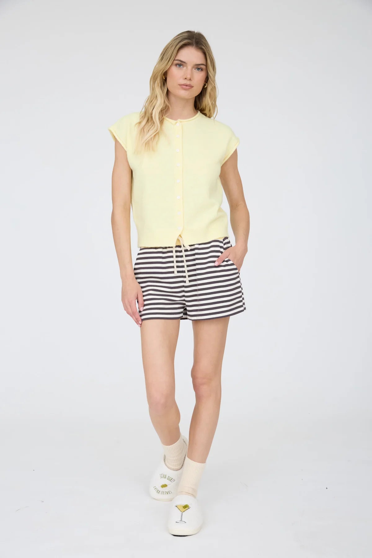 Charcoal Striped Ribbed Waist Knit Shorts