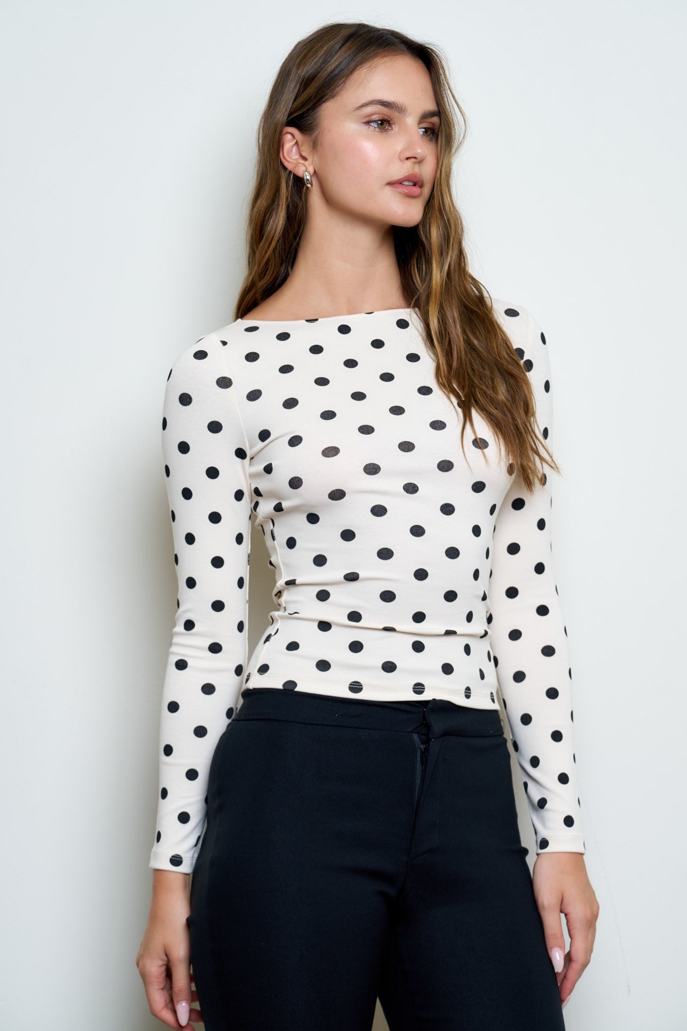 Cream Polka Dot Boat Neck Long Sleeve Knit Top