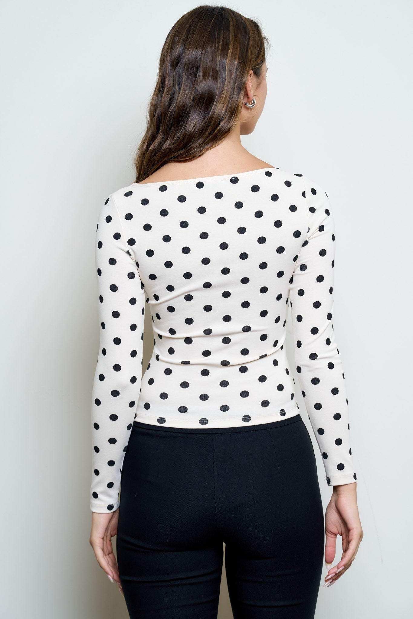 Cream Polka Dot Boat Neck Long Sleeve Knit Top
