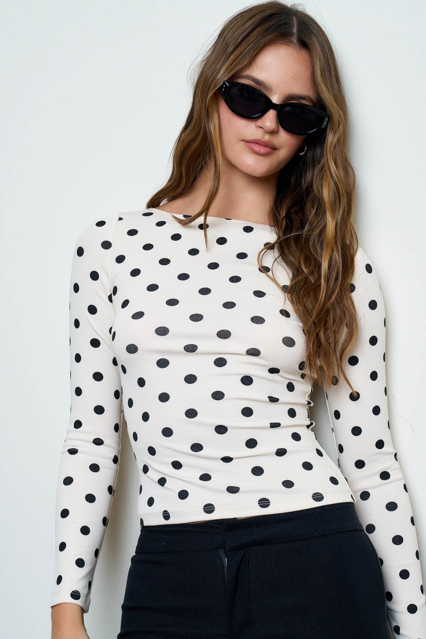 Cream Polka Dot Boat Neck Long Sleeve Knit Top