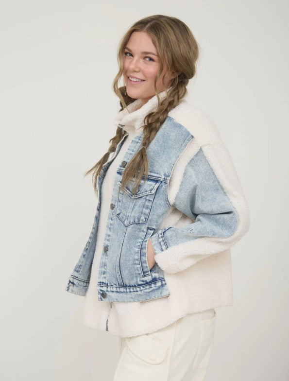 Sherpa and Denim Zip Up Jacket S M L
