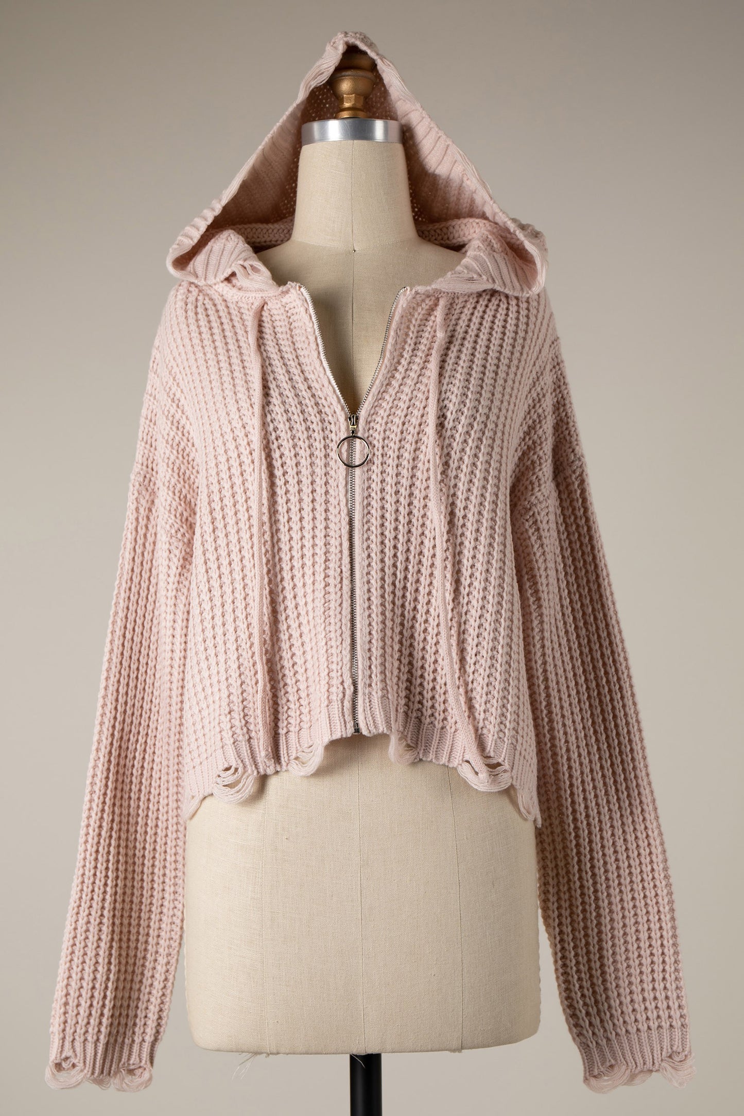 Blush Pink Zip Front Knit Distressed Sweater Hoodie