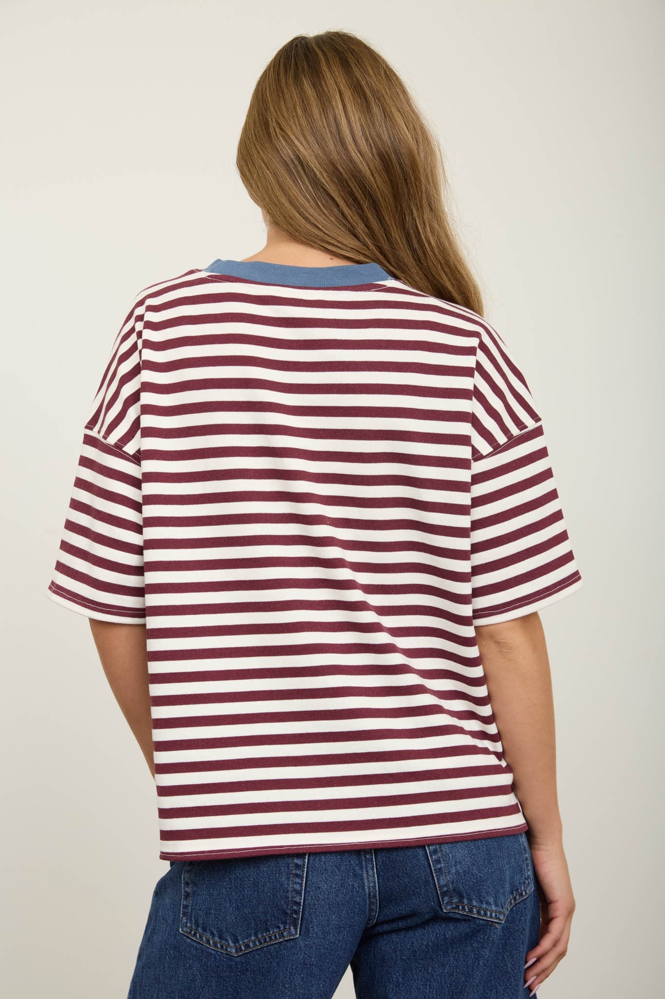 Burgundy Stripe Short Sleeve Knit Top
