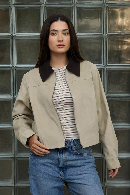Khaki Corduroy Collar Zip Front Jacket