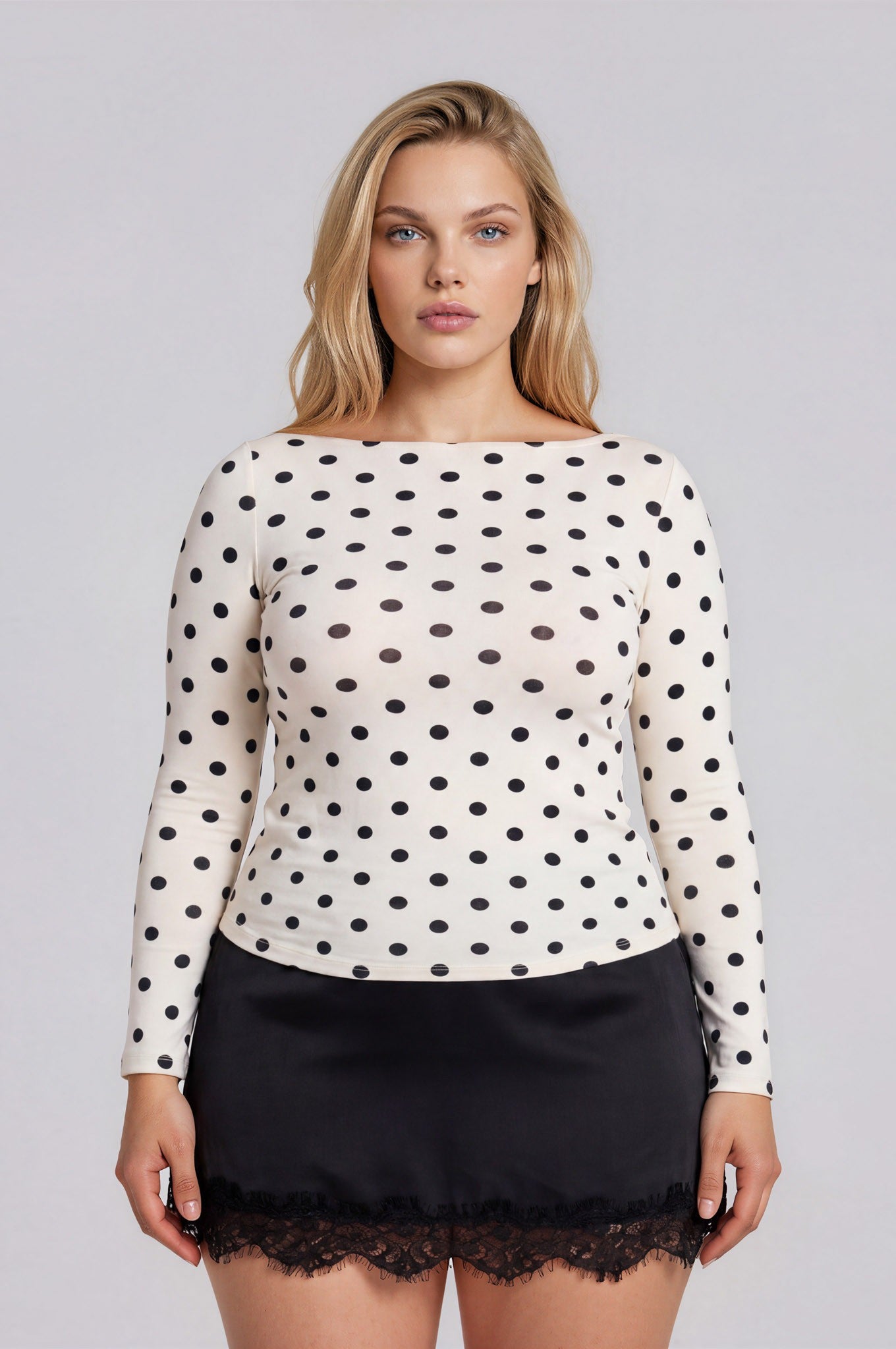 Cream Polka Dot Boat Neck Long Sleeve Knit Top