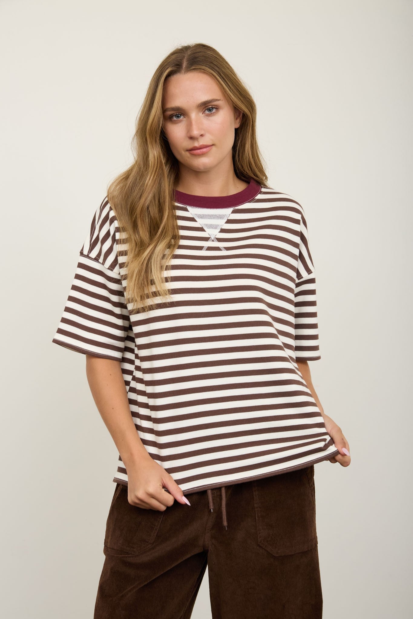 Dark Brown Stripe Short Sleeve Knit Top