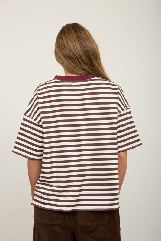 Dark Brown Stripe Short Sleeve Knit Top