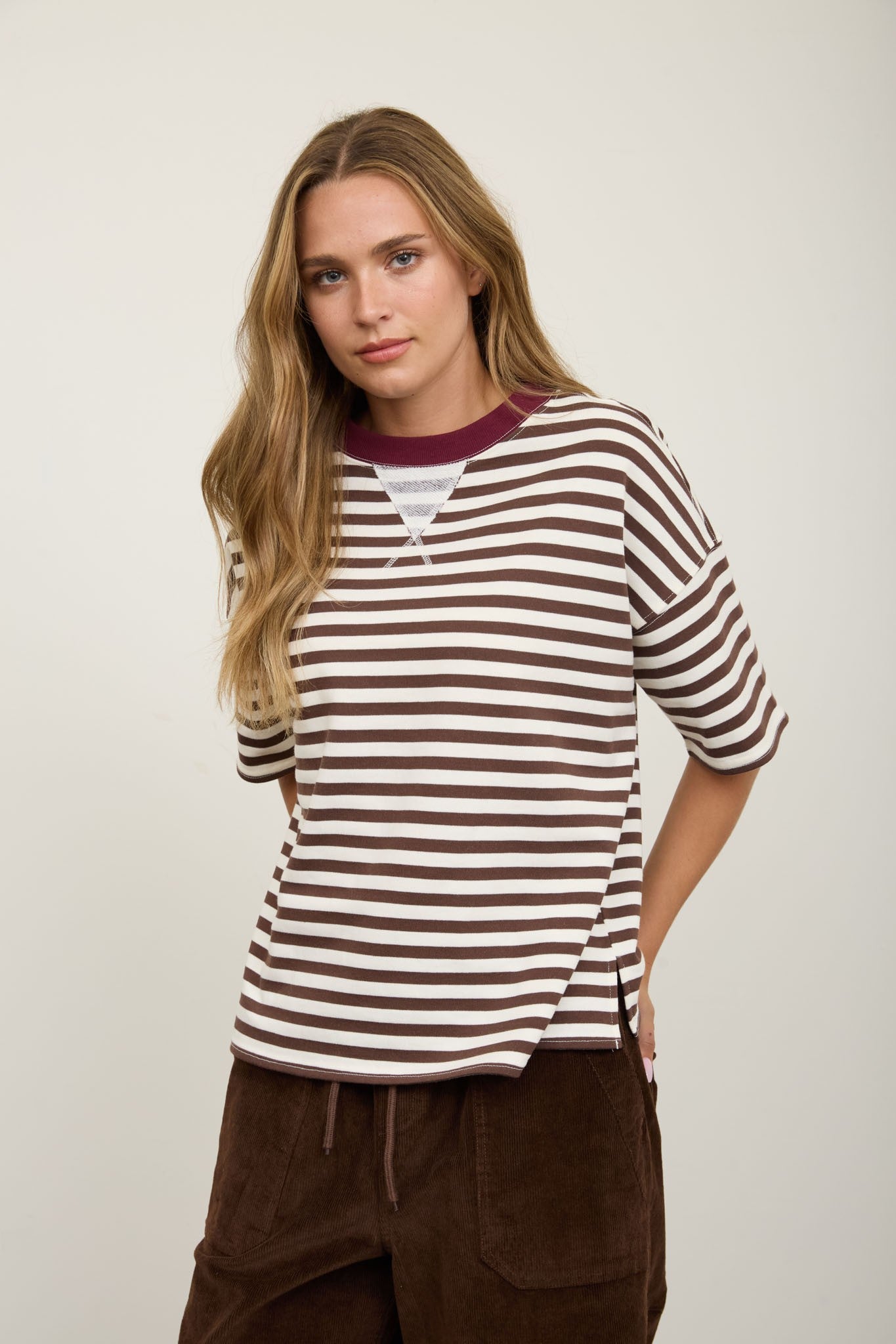 Dark Brown Stripe Short Sleeve Knit Top