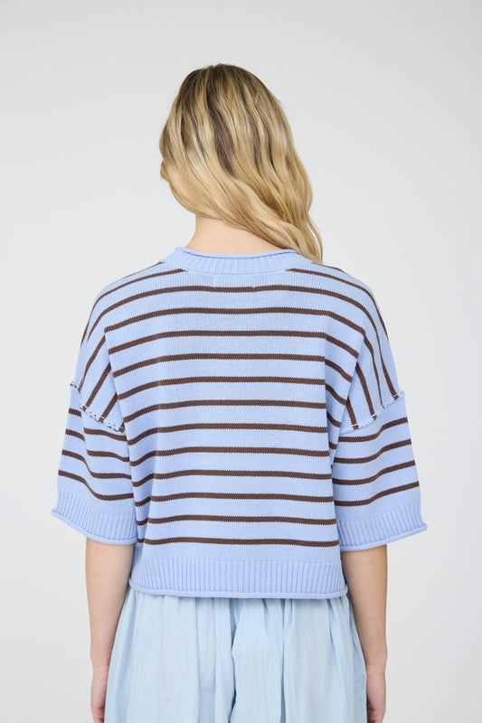 A woman viewed from the back wearing a light blue knit sweater with horizontal dark brown stripes and light blue skirt, against a plain light gray background.
