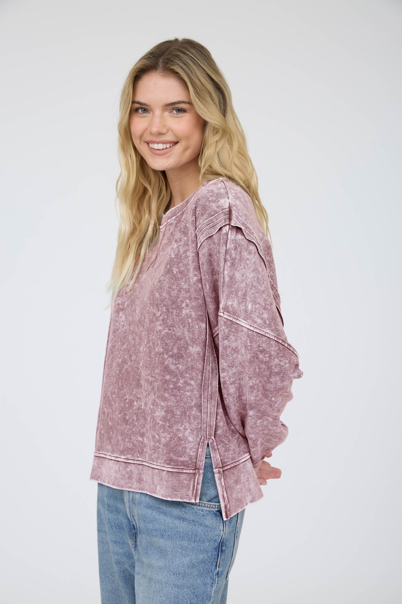 Maroon Acid Wash Long Sleeve Top