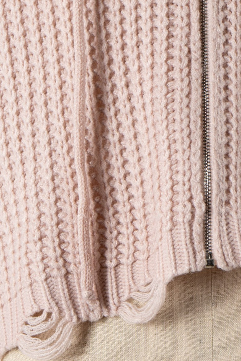 Blush Pink Zip Front Knit Distressed Sweater Hoodie