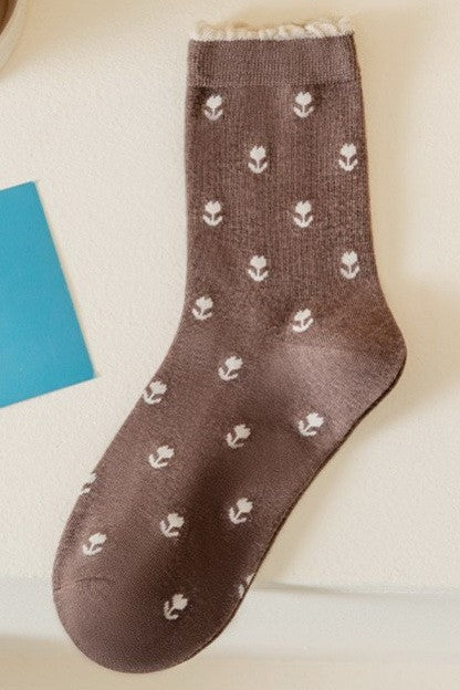 Floral Neutral Color Tulip Socks