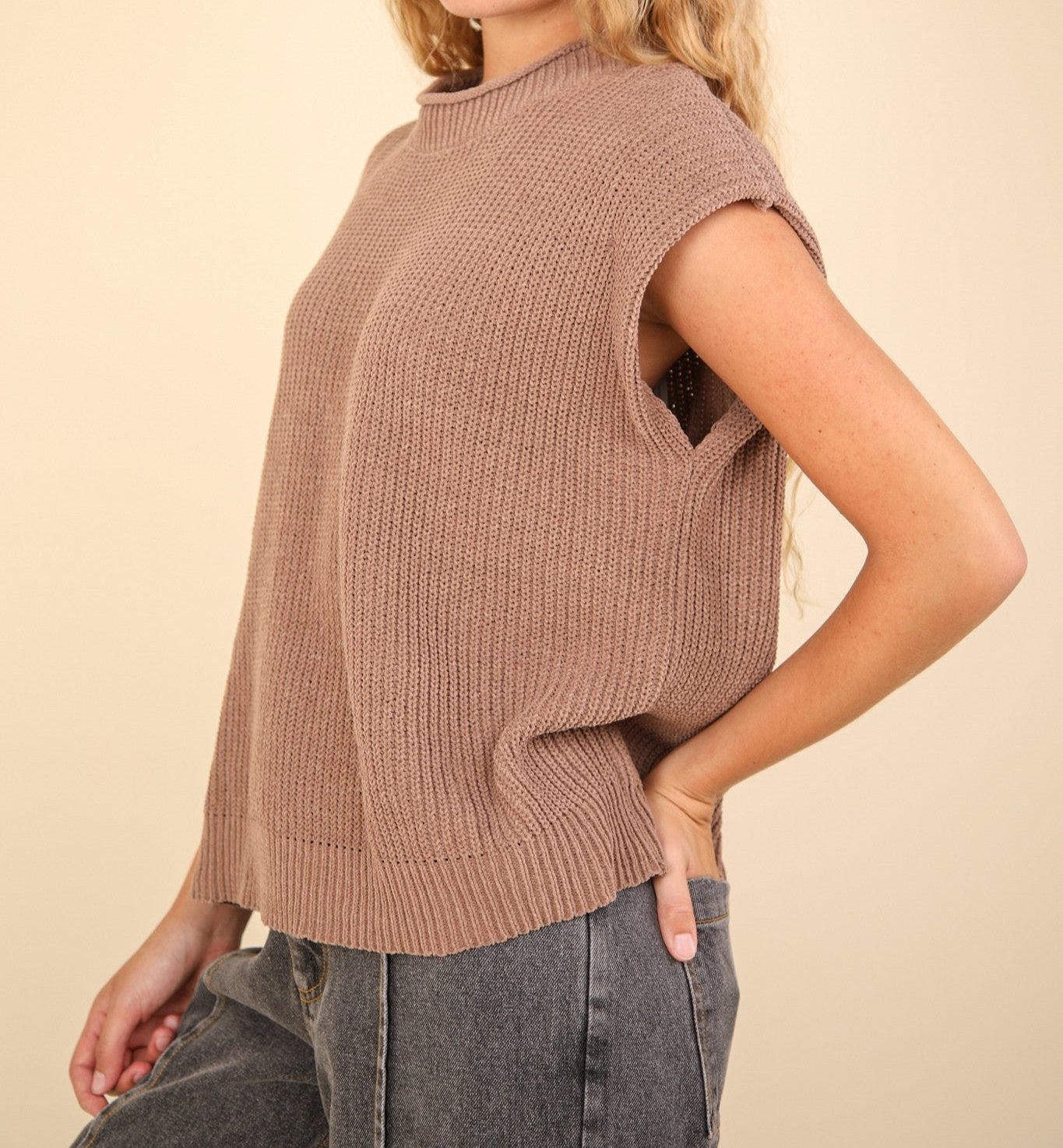 Oversized Soft Knit Brown Sweater Vest Top