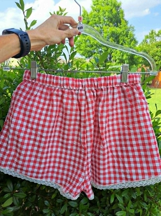 Red and White Plaid Lace Trim Mini Shorts S M L