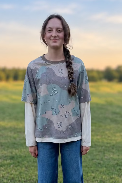 Camo Print Layered Waffle Knit Top - Mocha