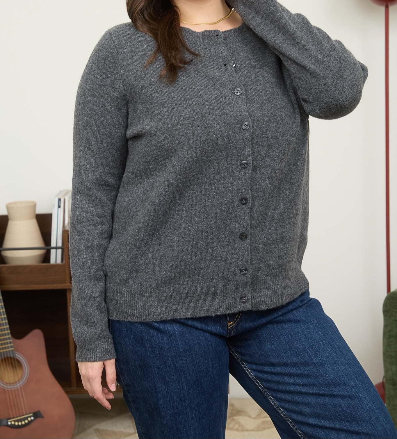 Round Neck Button Down Long Sleeve Gray Cardigan S M L XL 2X 3X