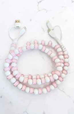 Pink Gingham and White Beaded Phone Charger