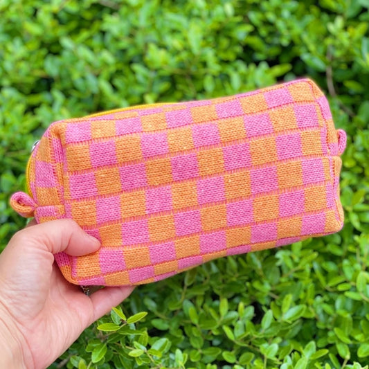 Checkered Cosmetic Bag - Pink/Orange