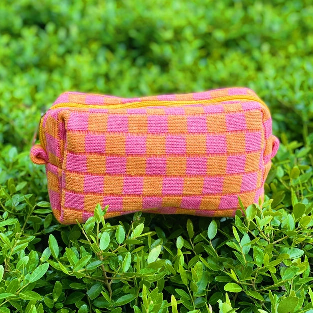 Checkered Cosmetic Bag - Pink/Orange