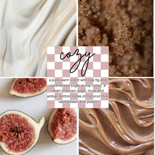 Cozy scent profile. Collage of figs, caramel, and brown sugar with a 'cozy' text overlay.