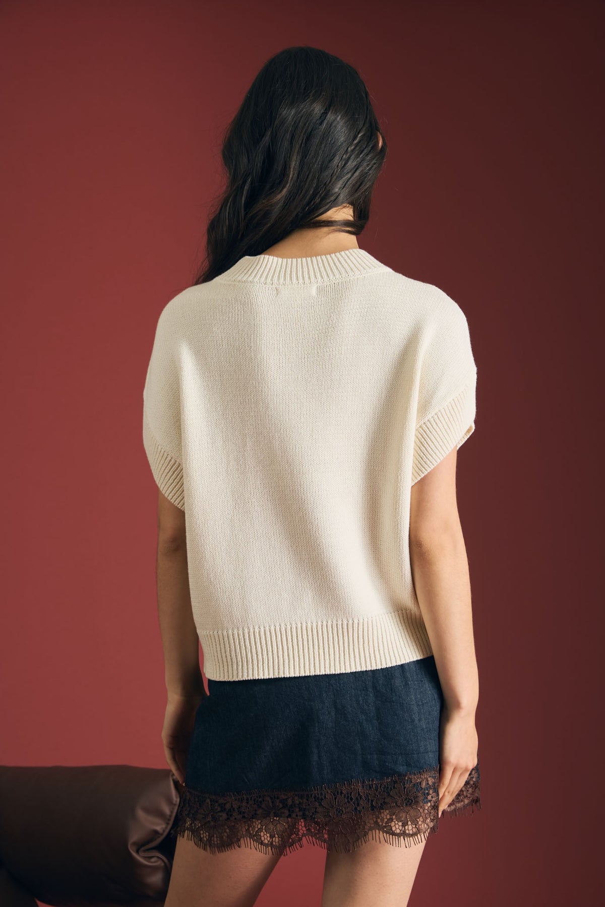 Cream Puppy Jacquard Short Sleeve Knit Sweater
