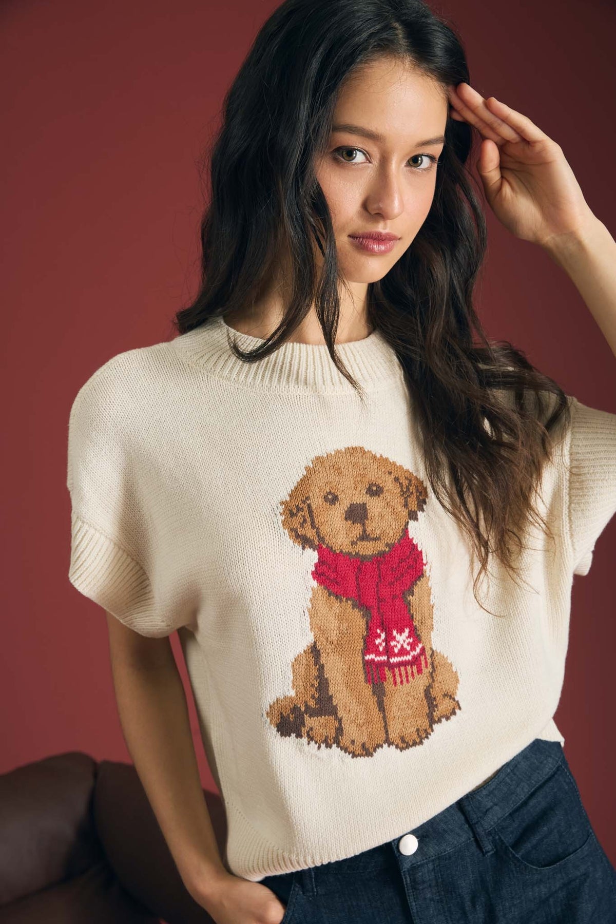 Cream Puppy Jacquard Short Sleeve Knit Sweater