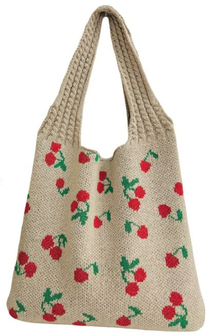 Knitted Woven Ash Mocha Crochet Tote Bag With Cherries