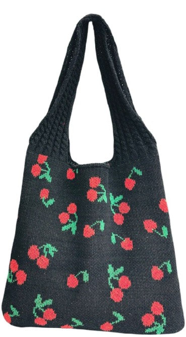 Knitted Woven Black Crochet Tote Bag With Cherries