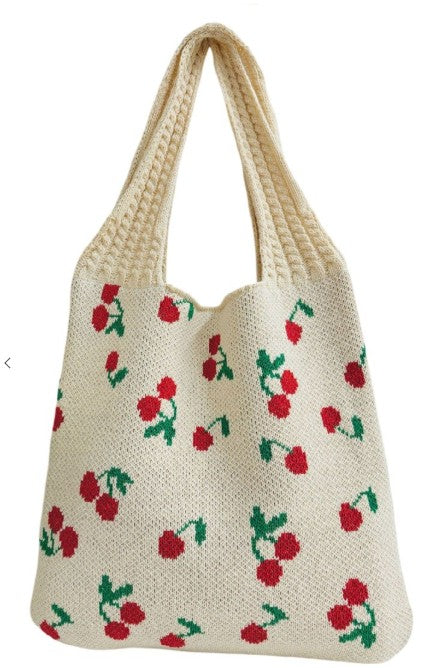 Knitted Woven Cream Crochet Tote Bag With Cherries