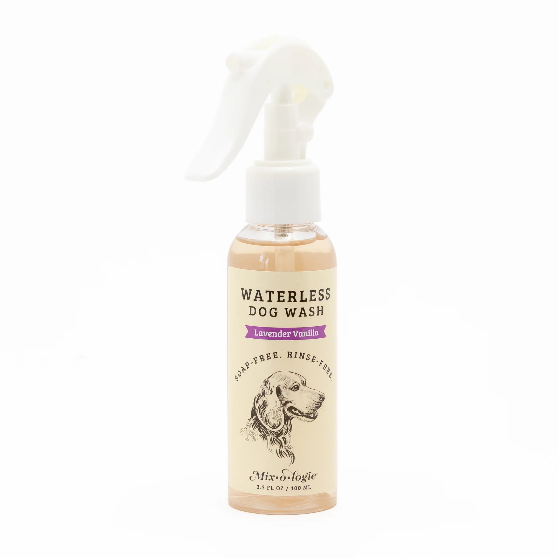 A bottle of Micro-logic Waterless Dog Wash in Lavender Vanilla scent, featuring a white trigger spray top and a cream-colored label with a dog illustration.