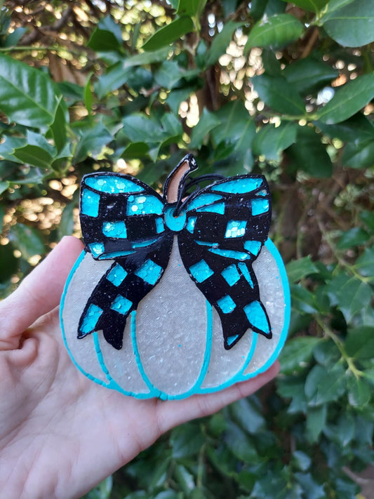 Pumpkin With Blue & Black Check Bow Freshie